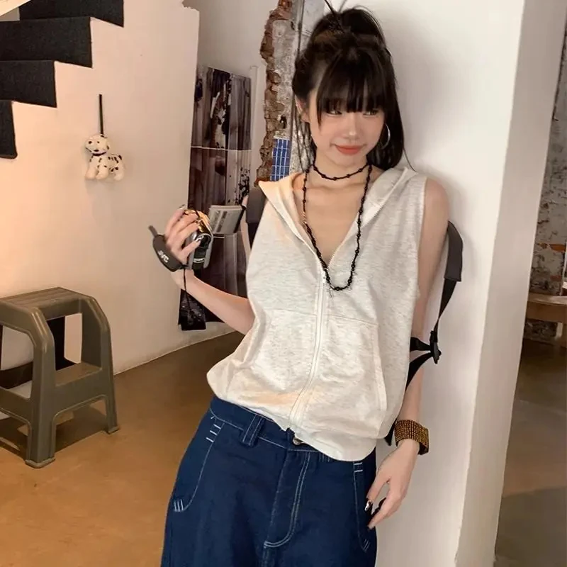 Damskie bluzy z kapturem w stylu casual, estetyka Y2K, letnia bluza bez rękawów na zamek błyskawiczny, vintage Harajuku, luźna kurtka z kieszeniami.