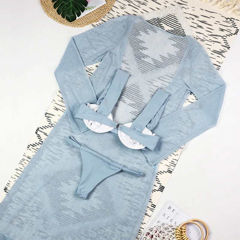 WackDaria Damen-Badeanzug, dreiteilig, Bikini-Set, langärmelig, Kleid, Netzstoff, Überzug, Strand, Schwimmen, Badeanzug