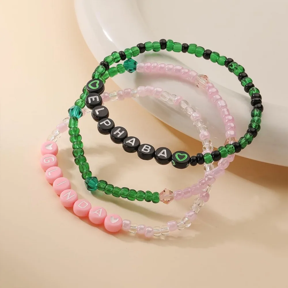 Friendship Bracelet Green Pink Witch Beaded Elastic Bracelet with Wicked Bracelets Christmas Jewelry Gifts for Fans Party