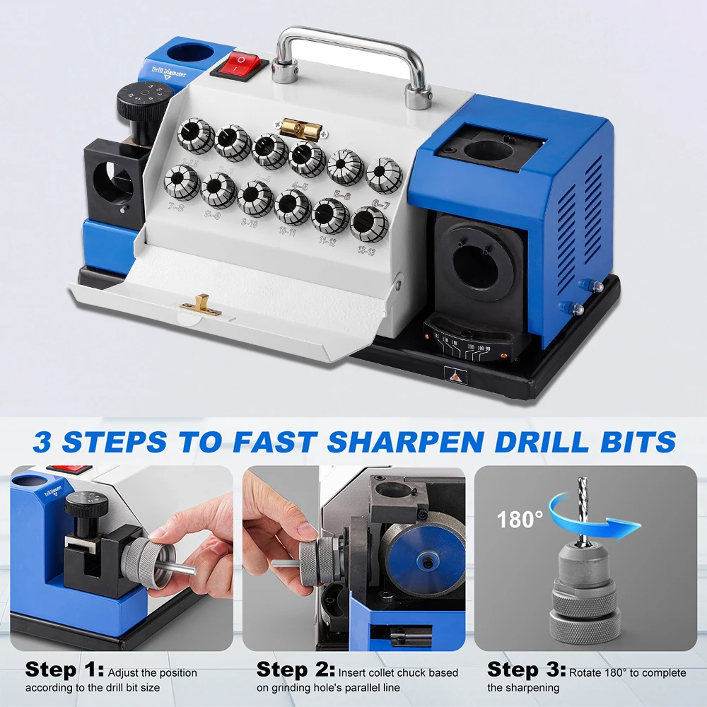 Degreat Tragbarer Elektrischer Bohrerschleifer 220V Automatisch 2mm -13mm Bohrerschleifmaschine mit Doppel-Schleifscheiben Bohrerschärfer