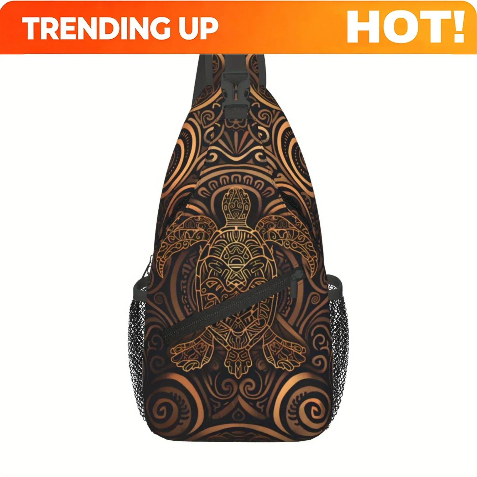 Custom Men'S Hawaiian Turtle Crossbody Bag - Stylish & Durable Sling Chest Pack With Secure Zipper, Black With Golden Accents