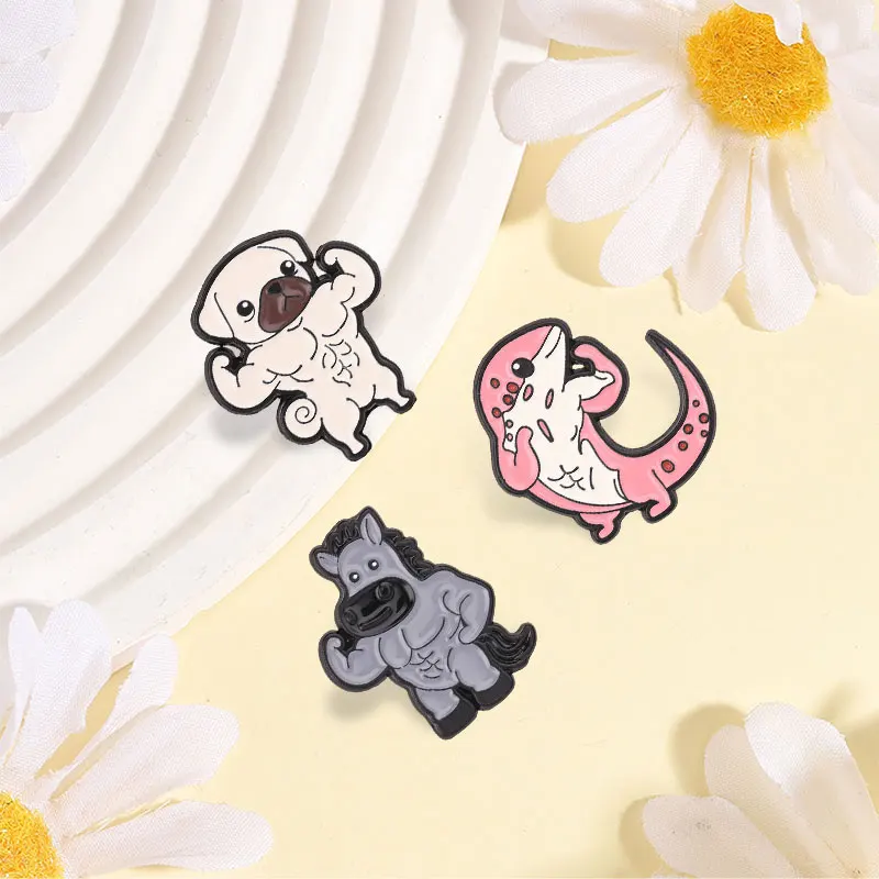 Muscular Animal Cartoon Enamel Pin Strong Muscular Leopard Gecko Pug Horse Brooch Bag Lapel Badge Jewelry Gift for Gym Lovers