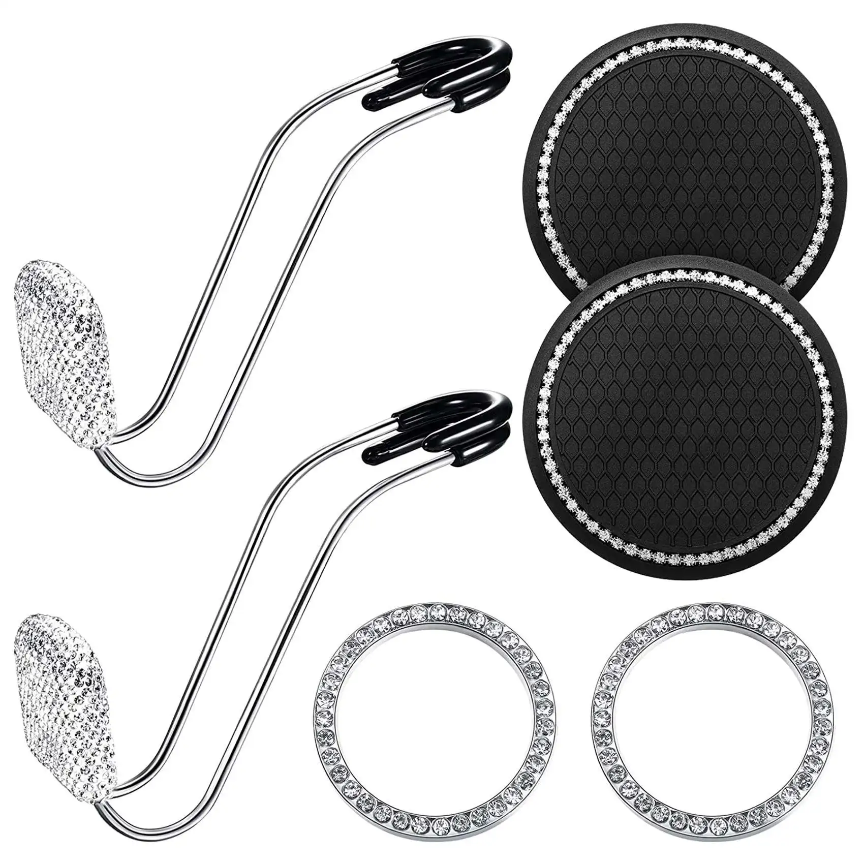 2Pcs Rhinestone Car Hook 2Pcs Bling Cup Coasters 2Pcs Bling Engine Button Rings Bling Car Accessories for Women Men