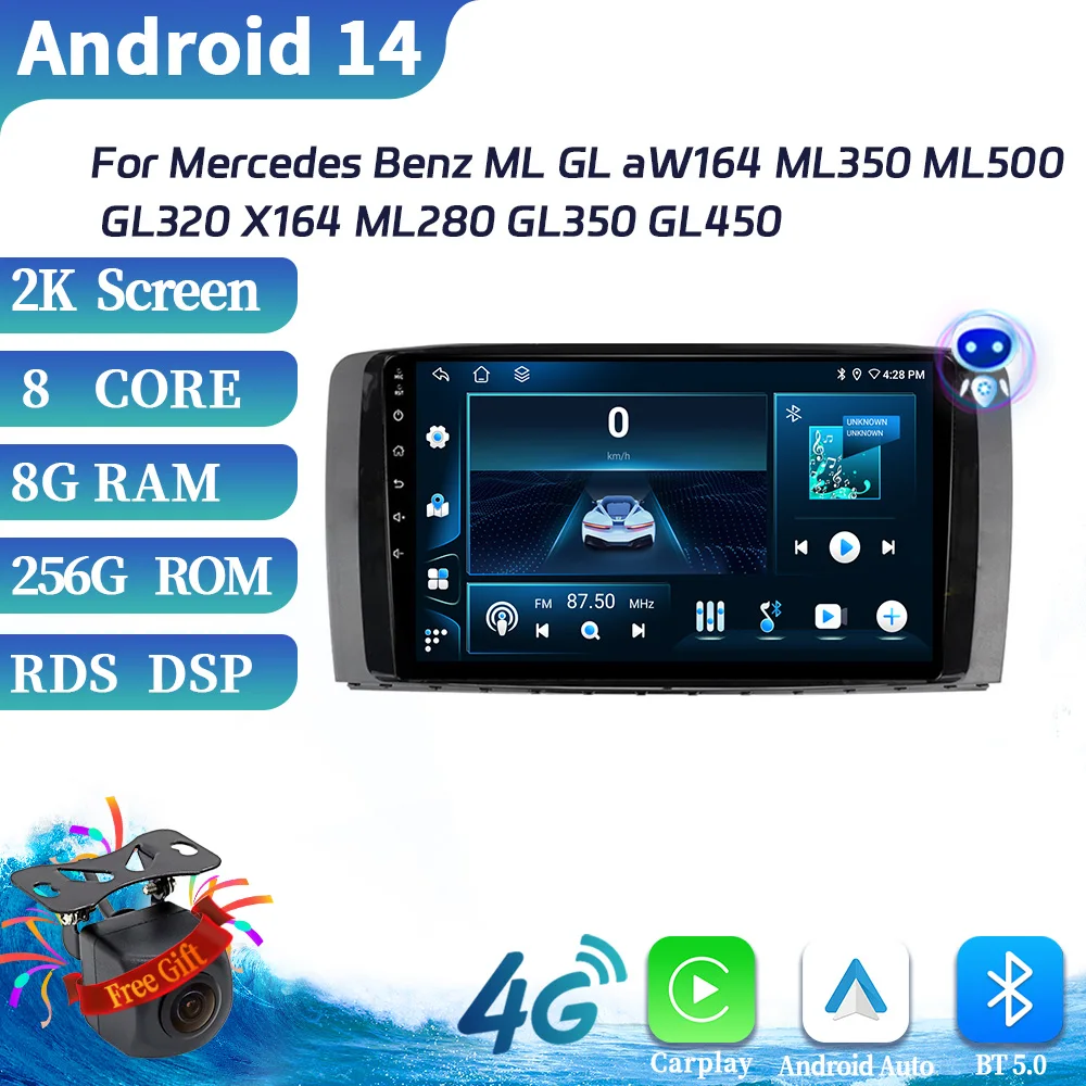 

Android 14 For Mercedes Benz ML GL aW164 ML350 ML500 GL320 X164 ML280 GL350 GL450 Car Raido 4G Wireless BT CarPlay Touch Screen