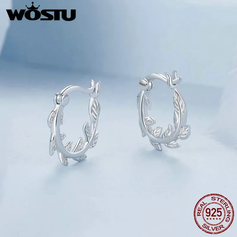 WOSTU 925 Sterling Silver Leaf Hoop Earrings Ear Hoop White Gold Plated For Women Fine Jewelry Party Daily Accessories Gift