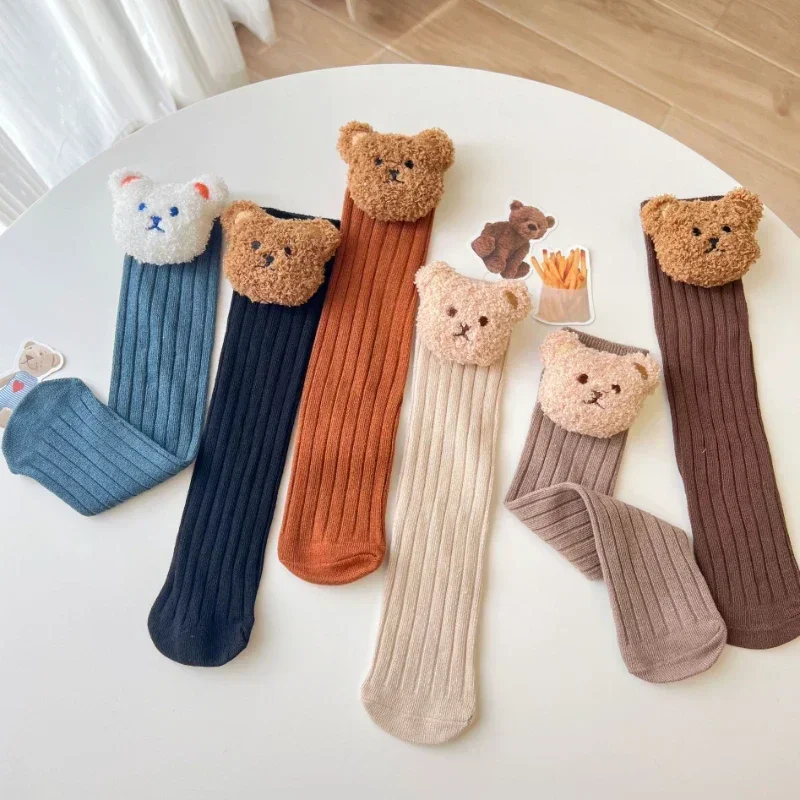 

Детские носки с медведем без каблука, носки для малышей, чулки для кукол, теплые зимние корейские гольфы, длинные детские однотонные носки, От 1 до 12 лет
