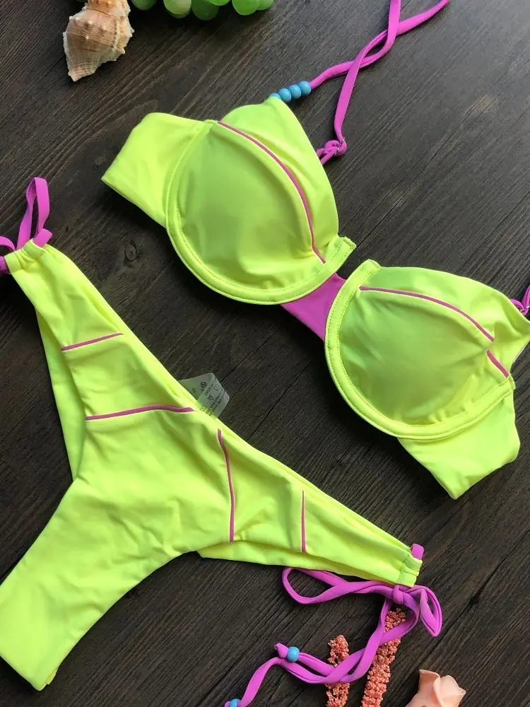 Conjunto de Bikini con Push-Up para mujer, traje de baño amarillo, microbañador de estilo vendaje, ropa de playa de dos piezas, 2023