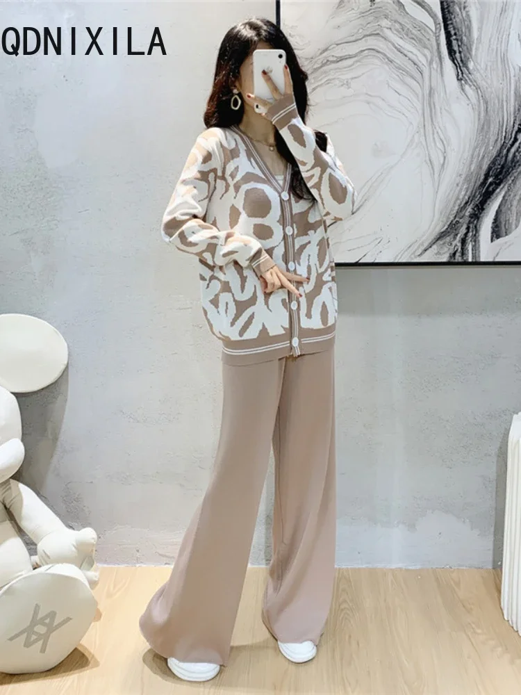 

Grey Knitted Sweater Suits New Casual Long Sleeve Top Wide-leg Pant Sets Autumn Winter Cardigan Womens 2 Piece Outfit Set 2024