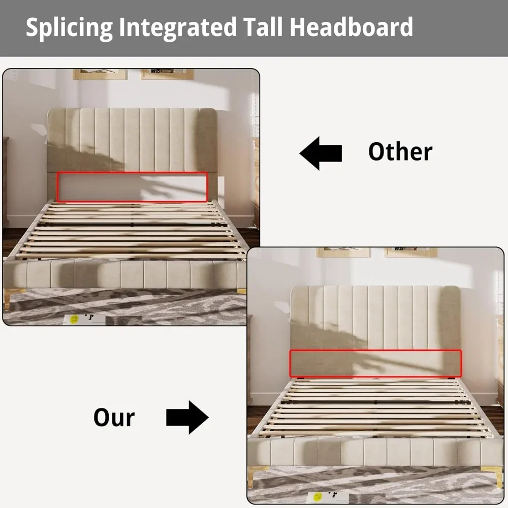 Каркас кровати с мягкой обивкой Queen, Бархатный каркас кровати Каркас кровати размера «queen-size» с изголовьем, Каркас кровати в стиле бохо Основание матраса