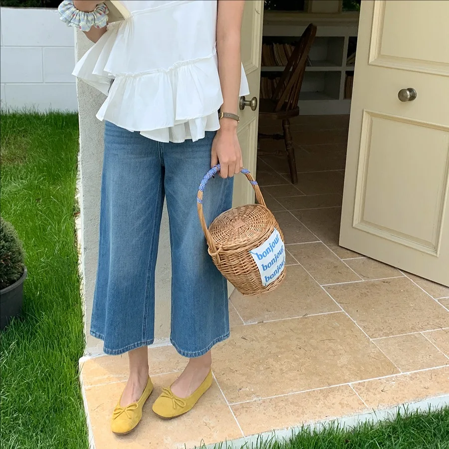 

Summer casual washed high waisted straight pants women blue leg wide leg jeans