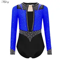 Leotardo de gimnasia con diamantes de imitación brillantes para niñas, mono de manga larga con agujero de cerradura, Ropa de baile de Ballet, disfraz de patinaje artístico