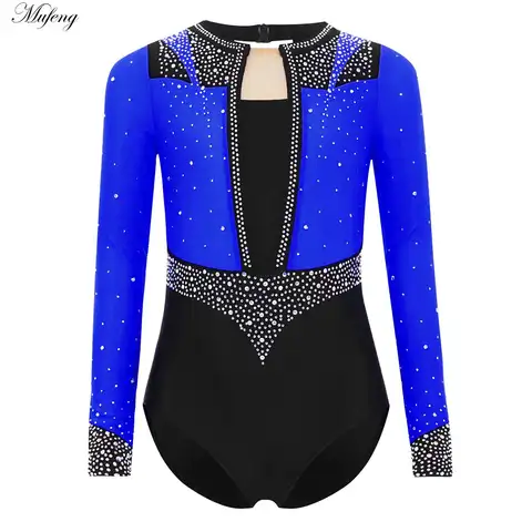 Kinder Mädchen Sparkly Strass Gymnastik Trikot Langarm Schlüsselloch Overall Body Ballett Dancewear Eiskunstlauf Kostüm