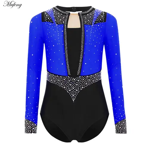 Leotardo de gimnasia con diamantes de imitación brillantes para niñas, mono de manga larga con agujero de cerradura, Ropa de baile de Ballet, disfraz de patinaje artístico