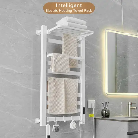 White Electric Heated Towel Rail Smart Electric Towel Rack Bathroom Cloth Screen Dryer Towel Radiator Nail Free Bath Towel Dryer