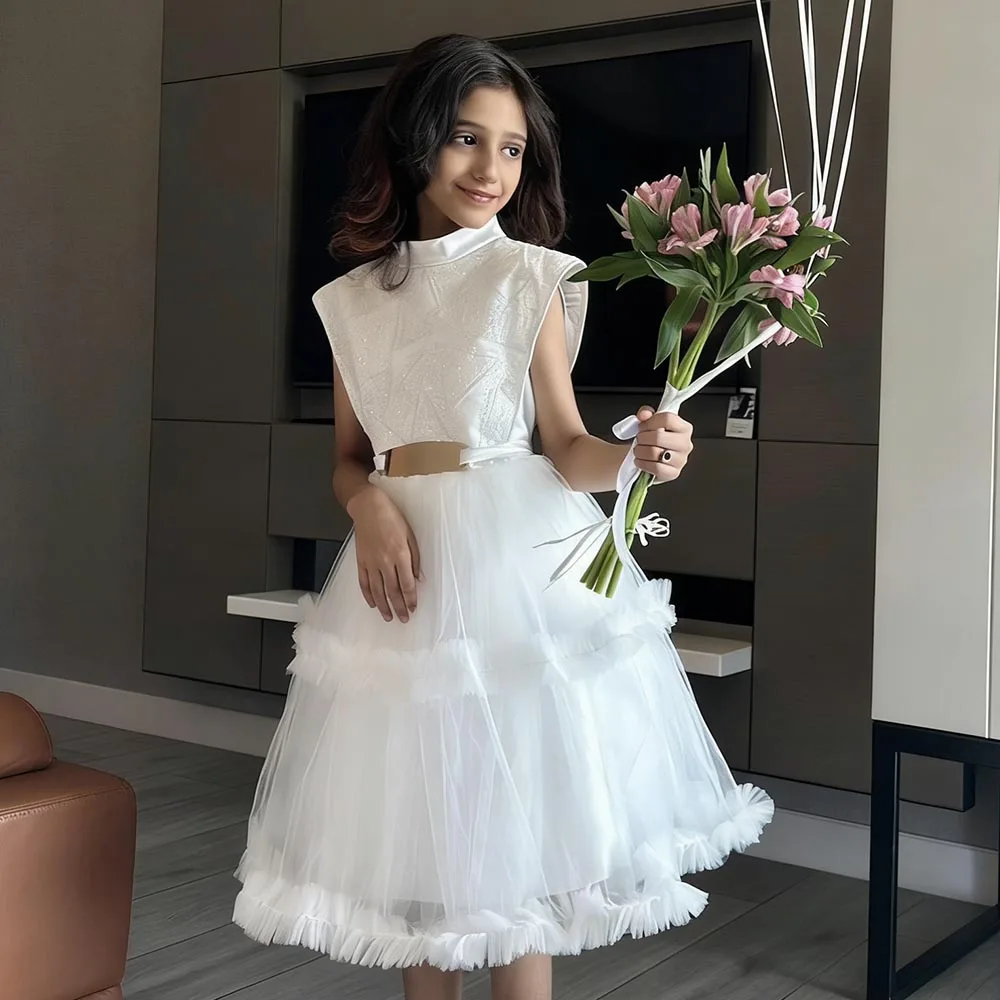 

Elegant Ivory Flower Girl Dresses Lace Dress For Girls A-line Birthday Dress Sleeveles Girl Princess Dress Short Kids' Dresses