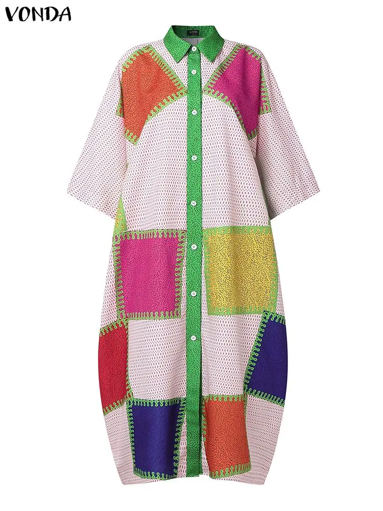 حجم كبير 5XL فوندا المرأة البوهيمي فستان طويل التلبيب 3/4 كم اللون المرقعة فساتين الحفلات عادية خمر رداء المتضخم #4