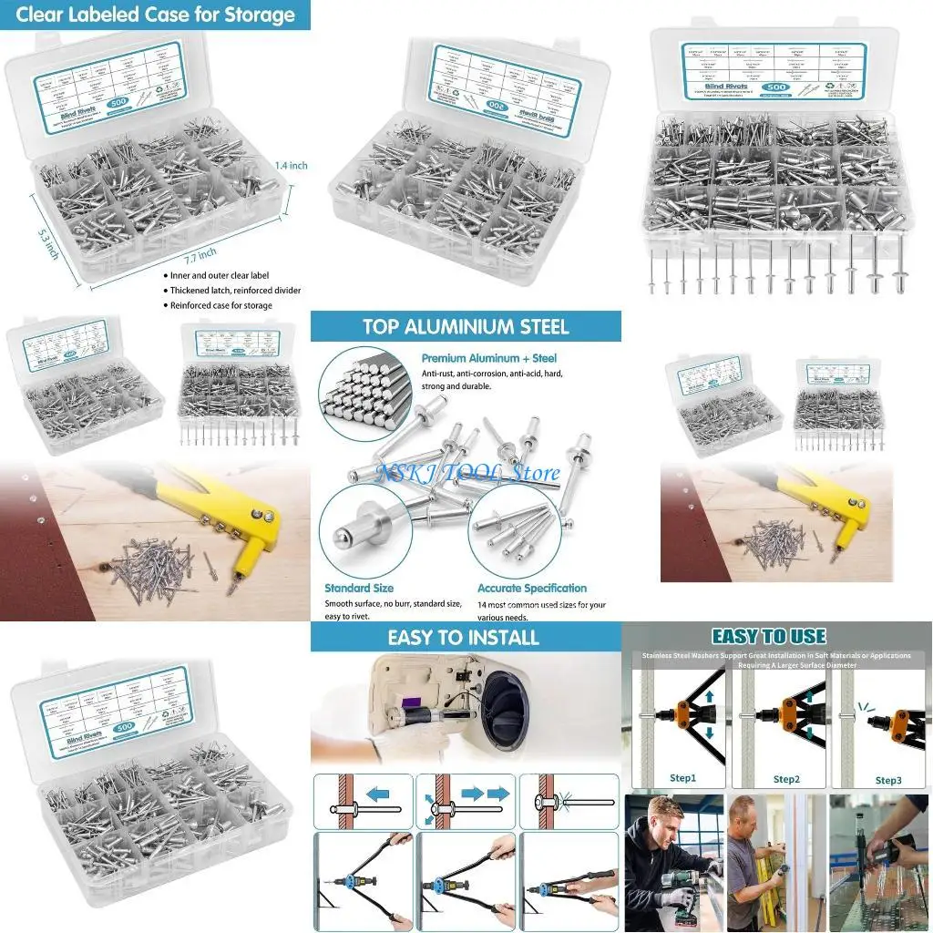

L8RC Versatile 500pcs Rivets Set with Washers Heavy Duty Rivets Collection Rivets Assortment set for Various Applications