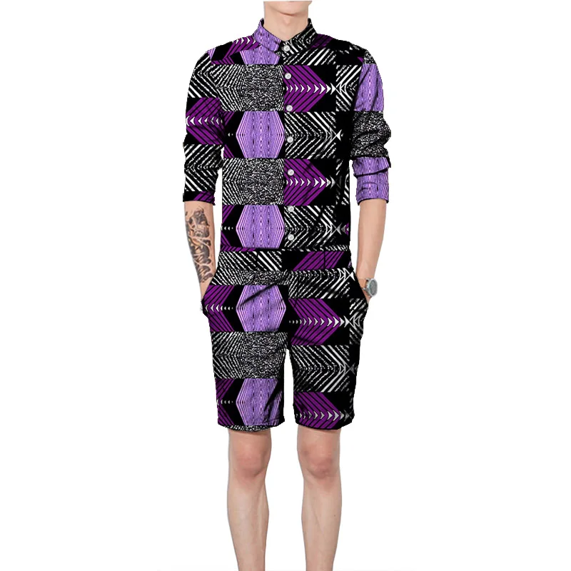 ไนจีเรียพิมพ์เสื้อแขนยาวพร้อมกางเกงขาสั้นผู้ชายชุดที่กําหนดเองแนวโน้มแอฟริกัน SLIM FIT PARTY ชุด