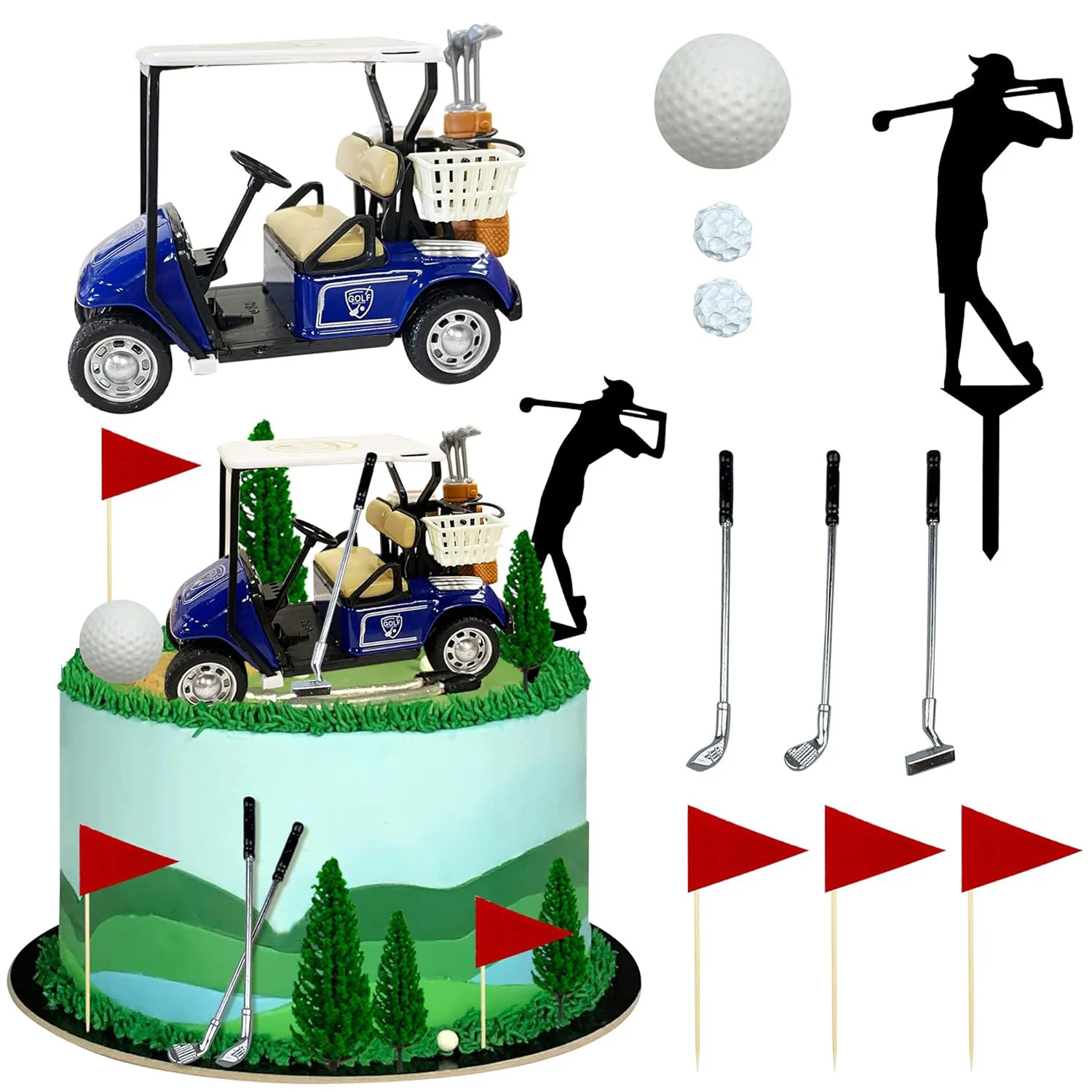 Golf Cake Decorations Heading for The Blue Cake Topper Golfers with Cart Flag Golf Ball Sport Golf Theme Party Supply