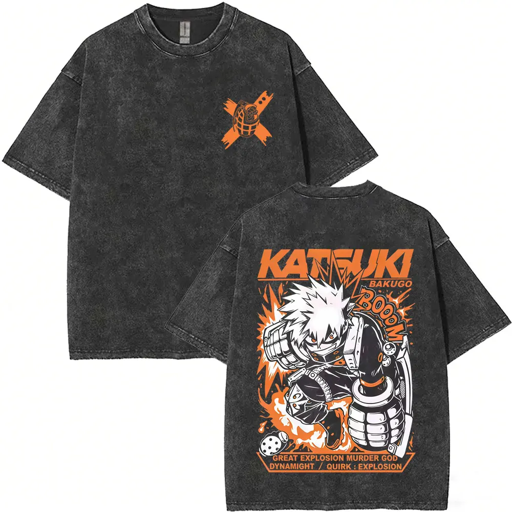 

Anime My Hero Academia Bakugou Katsuki Vintage Washed T-shirt Men Casual Retro Oversized T Shirts Male Cartoon Harajuku T-shirts