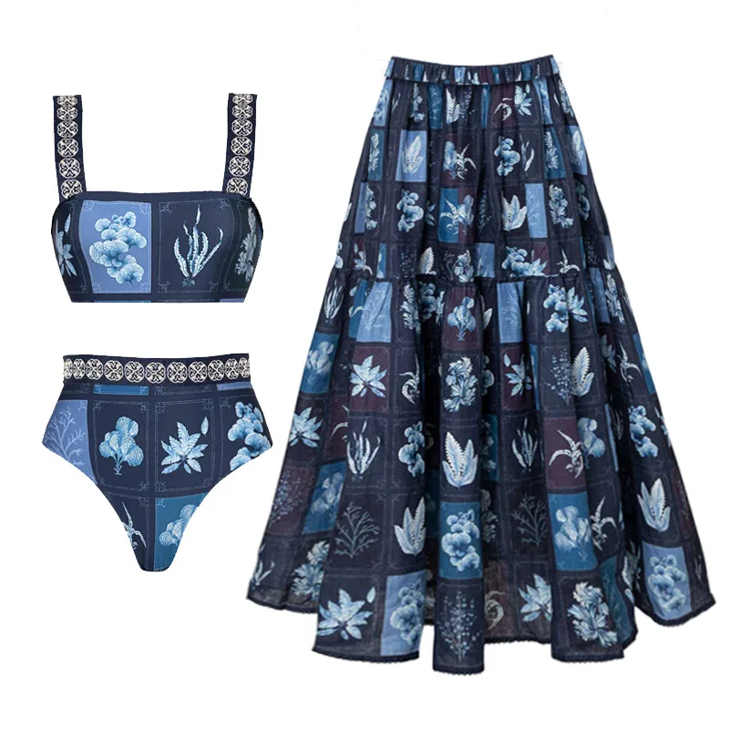 

Ретро бикини с принтом, Модный комплект бикини, купальник и накидка с юбкой, обтягивающие женские бандажные летние пляжные Роскошные элегантные