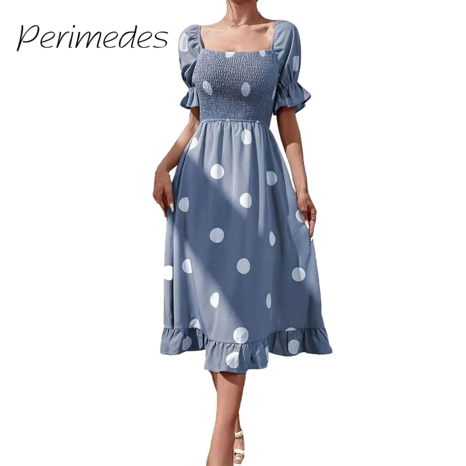 Robe mi-longue imprimée à gros pois pour femmes, coupe couvertes, douce robe à volants, plissée, manches courtes bouffantes, nouvelle robe éducative, été