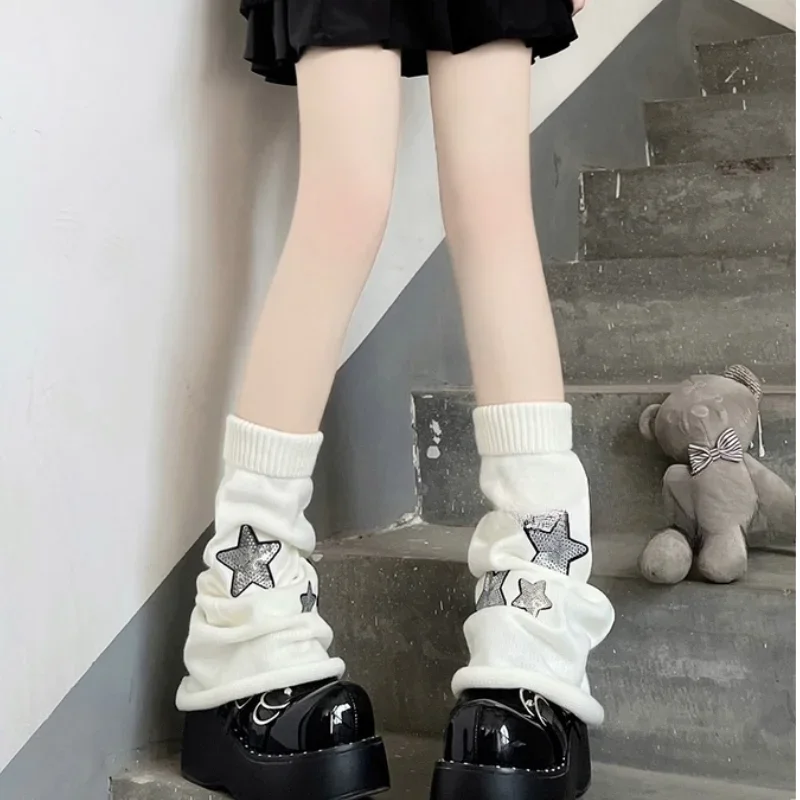 Harajuku Star Knitted Leg Warmers Women Warm Knee Bands Winter Leg Protection Y2k Girl Gothic Striped Stars Warmer Long Socks