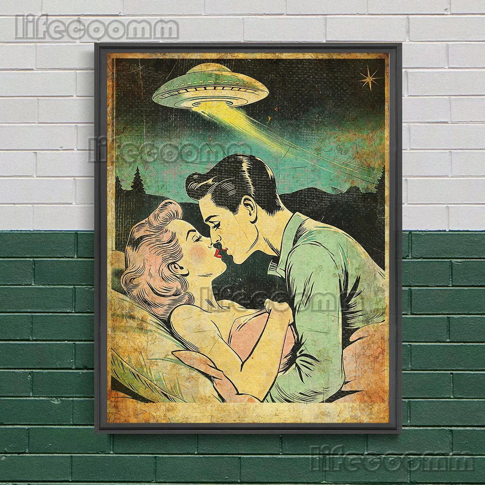 Alien Lovers Art Retro Girl Poster Print, Flying Saucer Ufo Lovers, Scifi Alien, Wall Art Canvas Painting, Cryptid Bedroom Decor