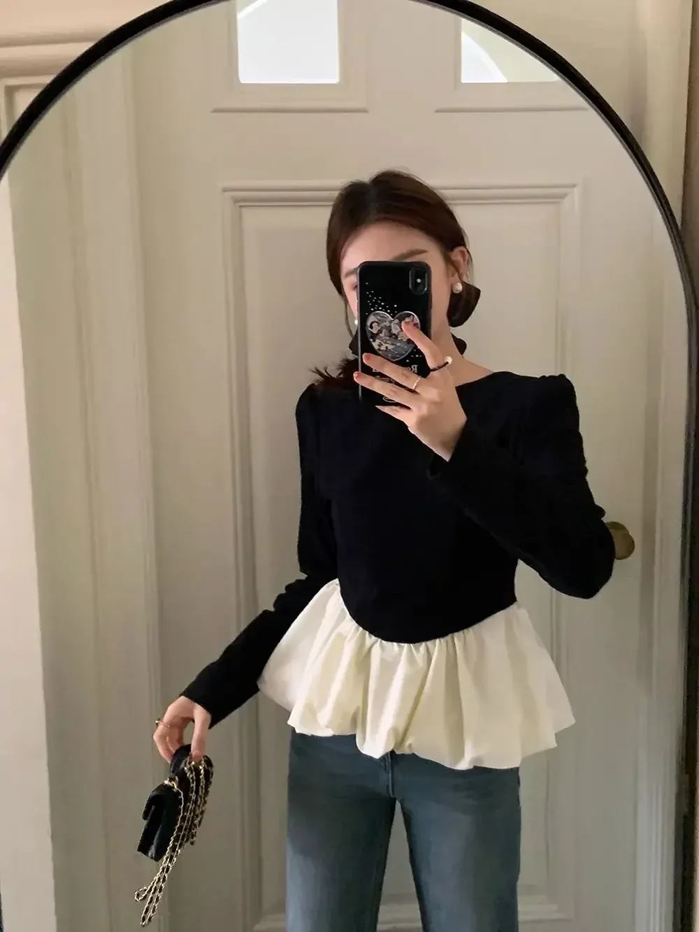 Women Shirt Korean Fashion Round Neck Backless Ladies Tops Outwear Slimming Ruffled Patchwork Clothes