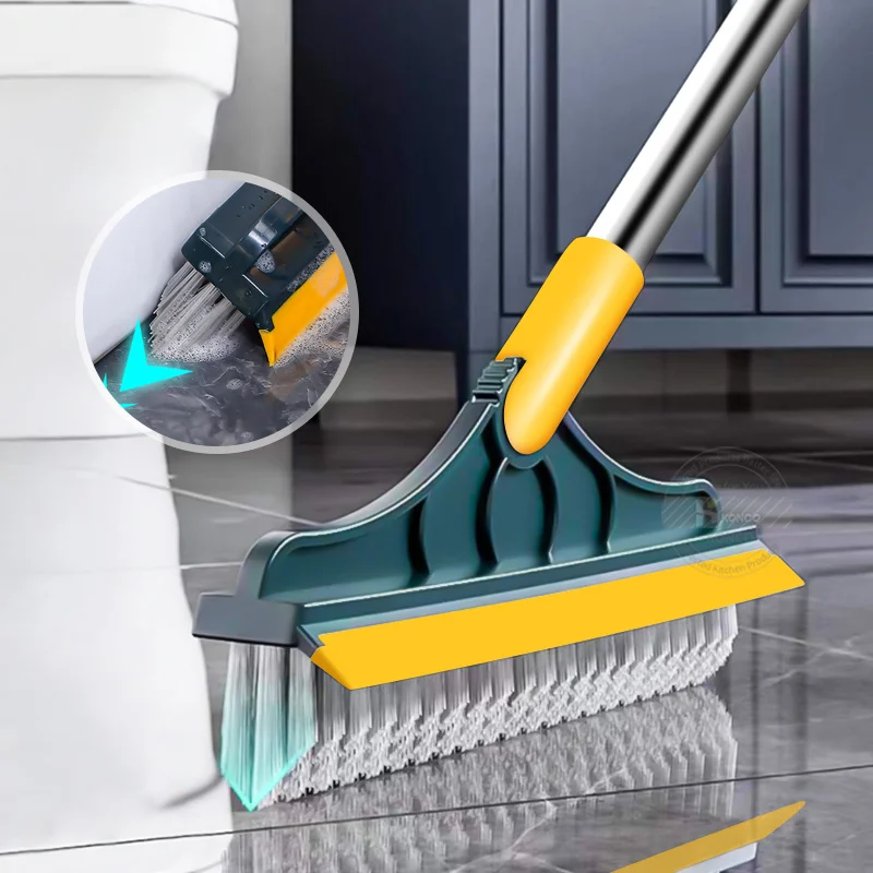 2pcs Floor Scrub Brush 2 In 1 Cleaning Brush Long Handle Removable Wiper Magic Broom Brush Squeegee Tile Kitchen Cleaning Tools