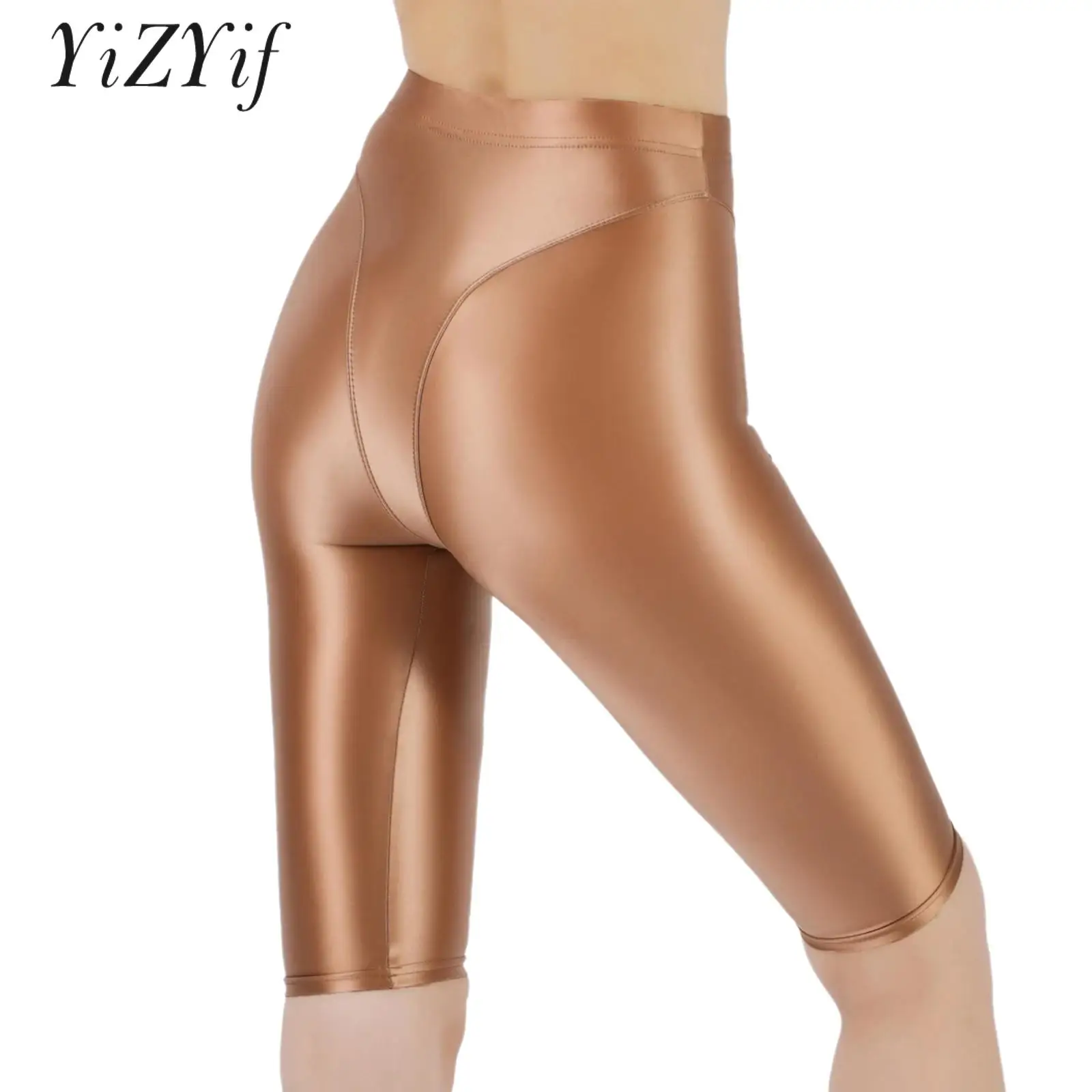 Women High Waist Skinny Stretch Leggings Shiny Oil Shorts Yoga Fitness Sports Bottoms Rave Party Club Dance Sports Boyshorts