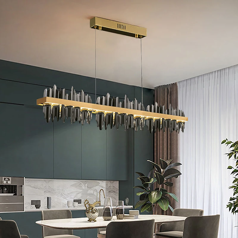 

Modern Chandelier Remote Control Dimmable Gold/Black Rectangular LED Gloss Light Fixture Restaurant Kitchen Island Pendant Light