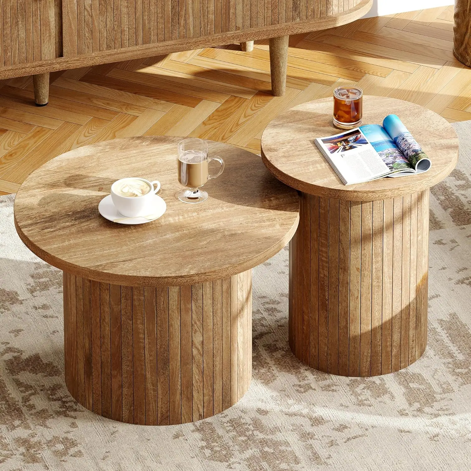 

Rustic Nesting Coffee Table Set of 2, Wood Finish Coffee Table Set, Farmhouse Round Sofa Side Tables for Living Room, S