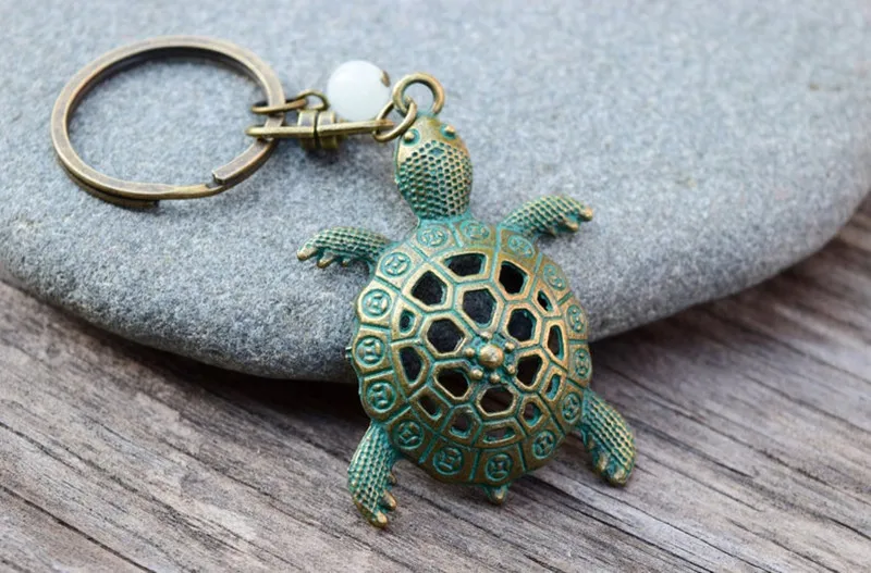 Glowing Tortoise Keychain Key Ring Glow In The Dark Sea Turtle Purse Chain In Verdigris Patina Bronze,Gift for Turtle Lover