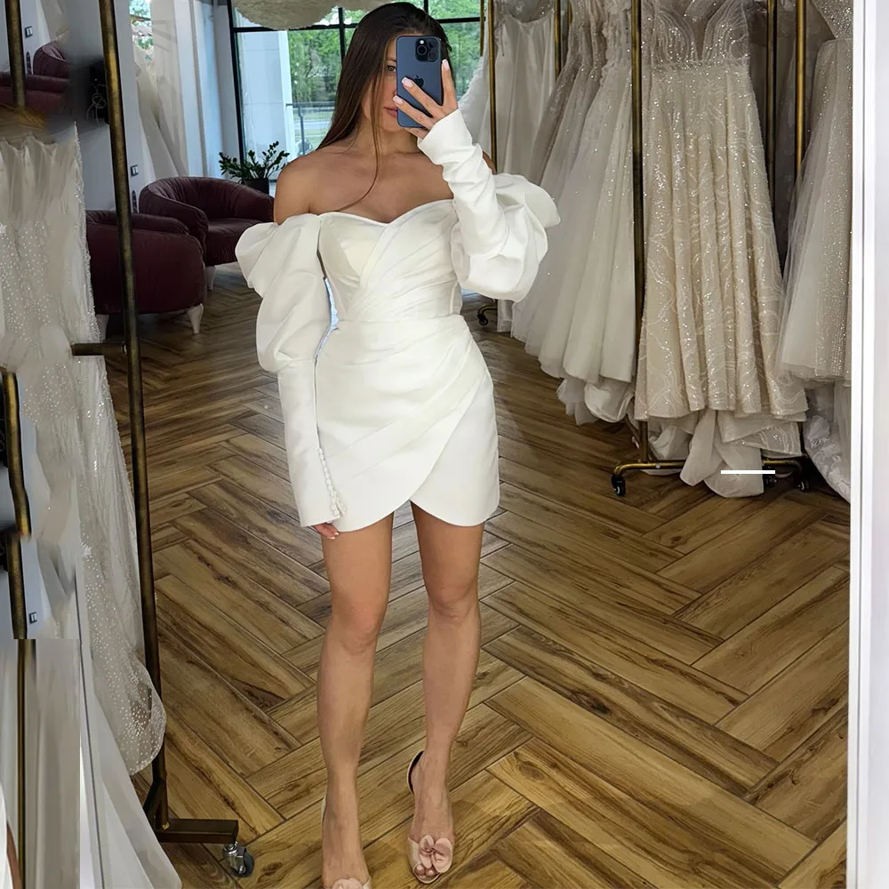 

Modern Ivory Mini Short Wedding Dress For Women Off The Shoulder Sheath Wedding Gown Satin Pleat Long Sleeves Bridal Gown