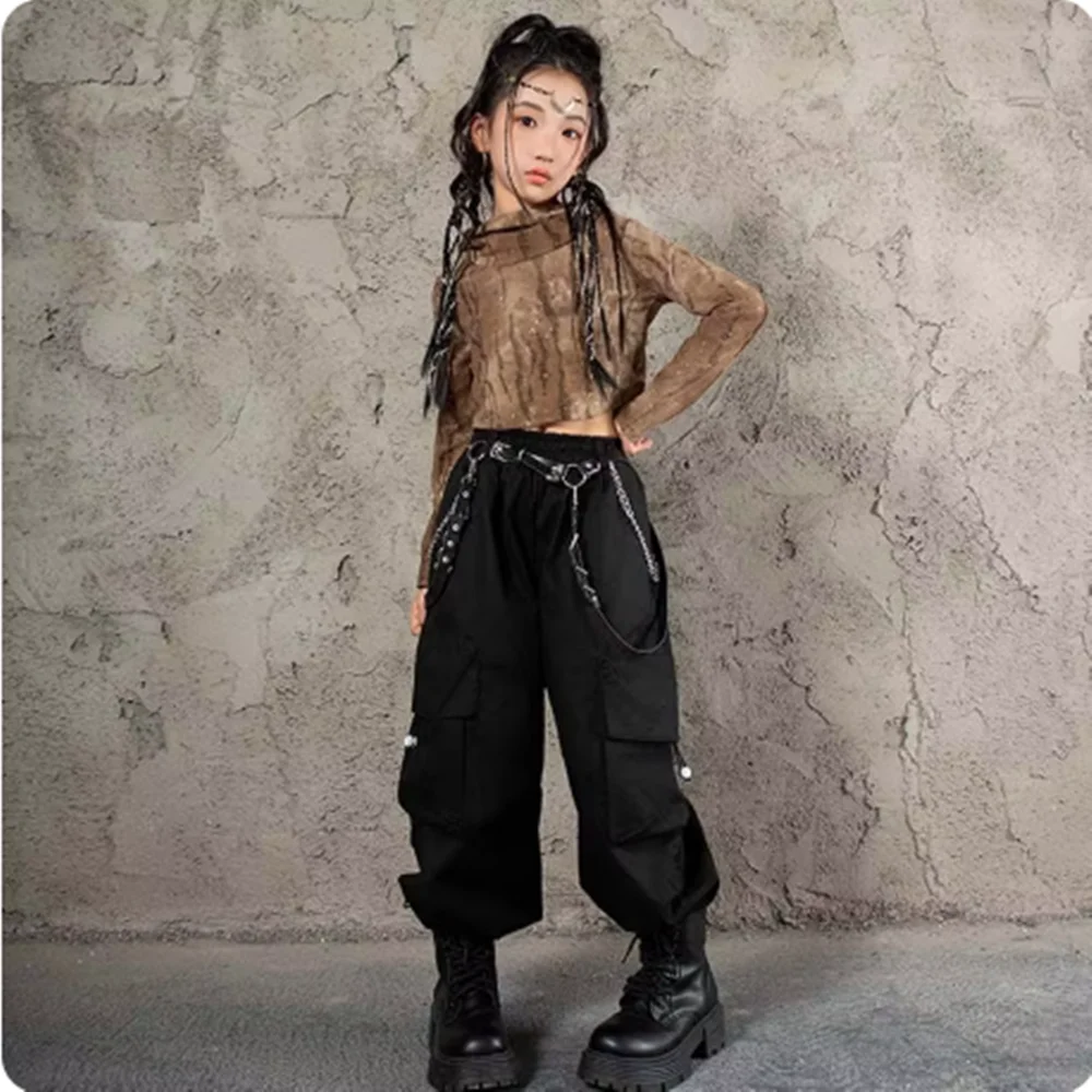 쿨 키즈 재즈 댄스 의상 소녀 스트리트 댄스 무대 의상 케이팝 힙합 쇼 의상 브라운 후디 블랙 카고 팬츠 yj633