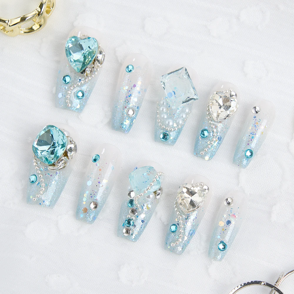 

10pcs Handmade Press on Nails Blue Crystal Clearance Sale Full Coverage Nail Tips for Women&Girl Removable Wearable Nail Art