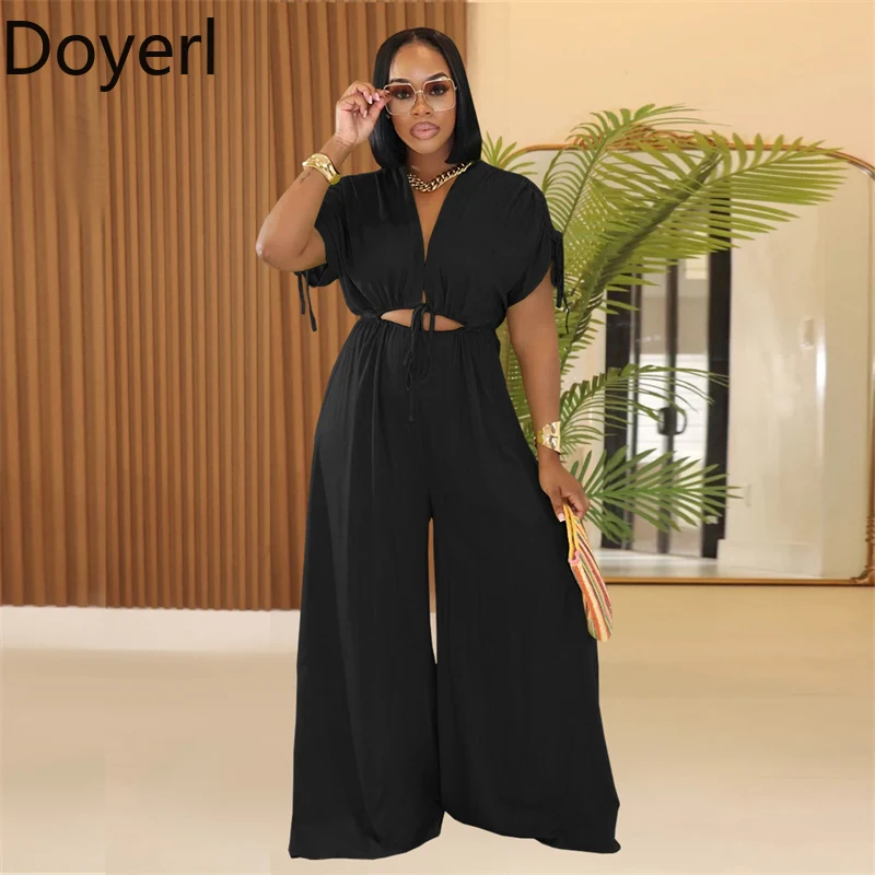 Doyerl Feste Beiläufige Breite Bein Overall Frauen Sommer Kleidung V-ausschnitt Kurzarm Aushöhlen Lose Strampler Einteilige Overalls