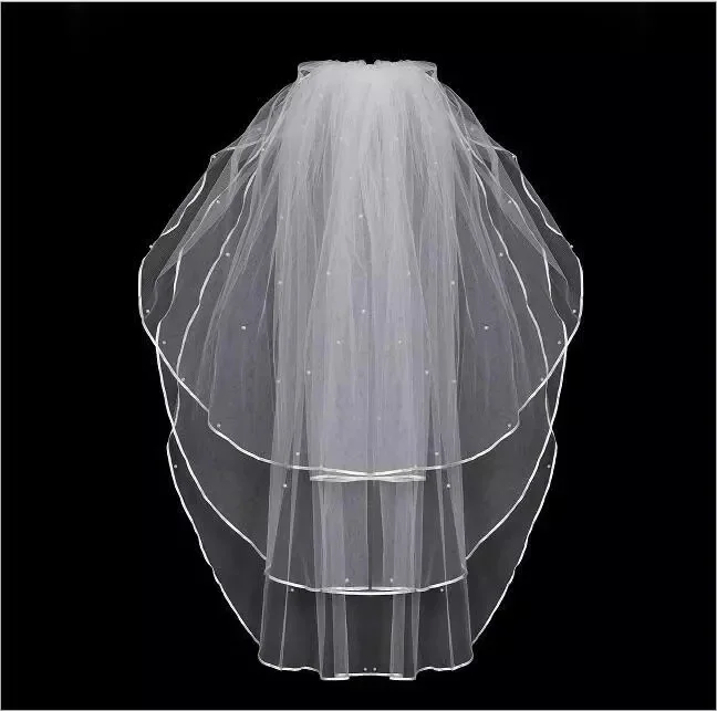 Velos de Noiva Three Layers Ribbon Edge Wedding Veil With Pearls White Ivory Short 3 Layers Bridal Veil