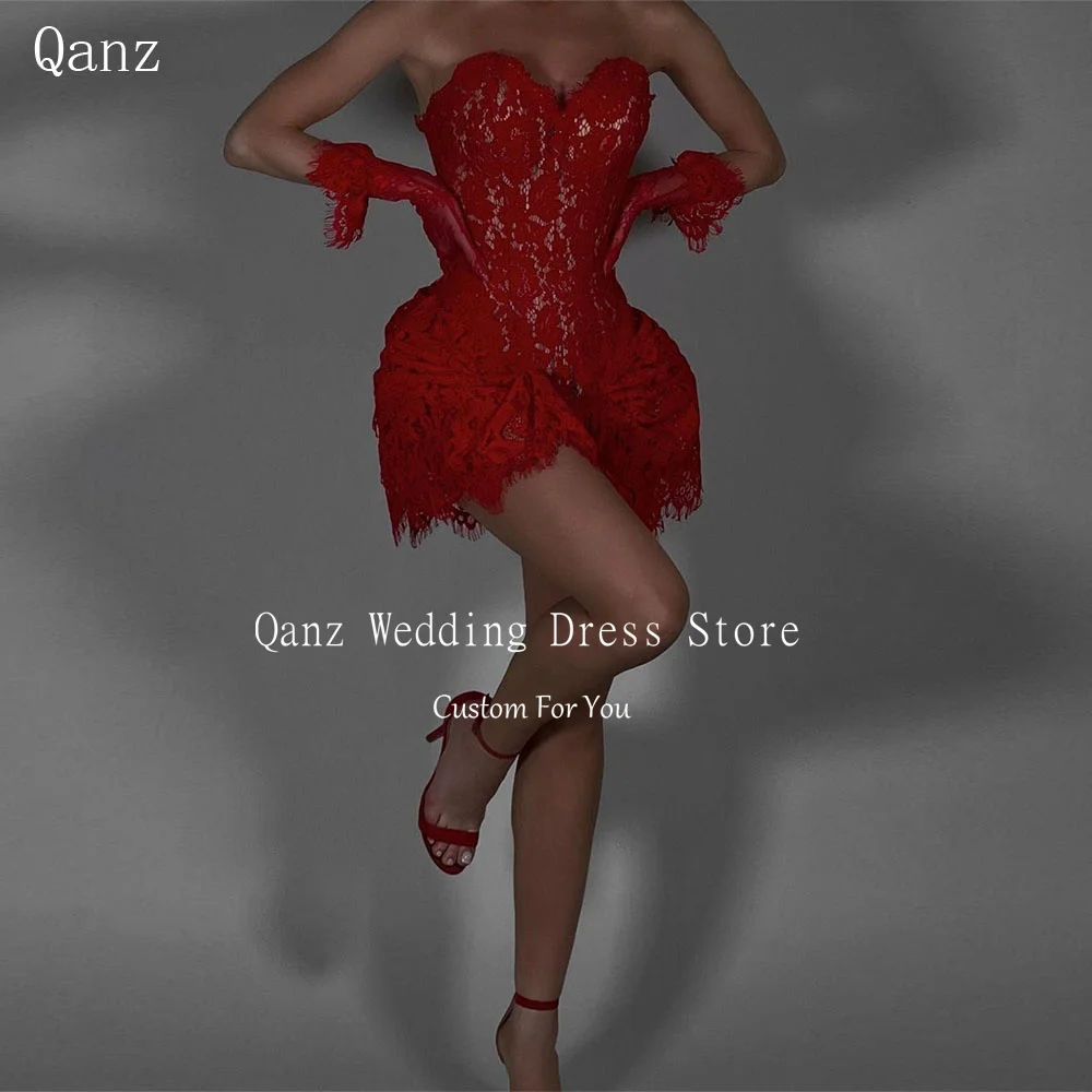 Qanz-Mini curto Prom Dresses, Strapless Red Full Lace, Sexy Party Gown, Graduação Vestidos Cocktail