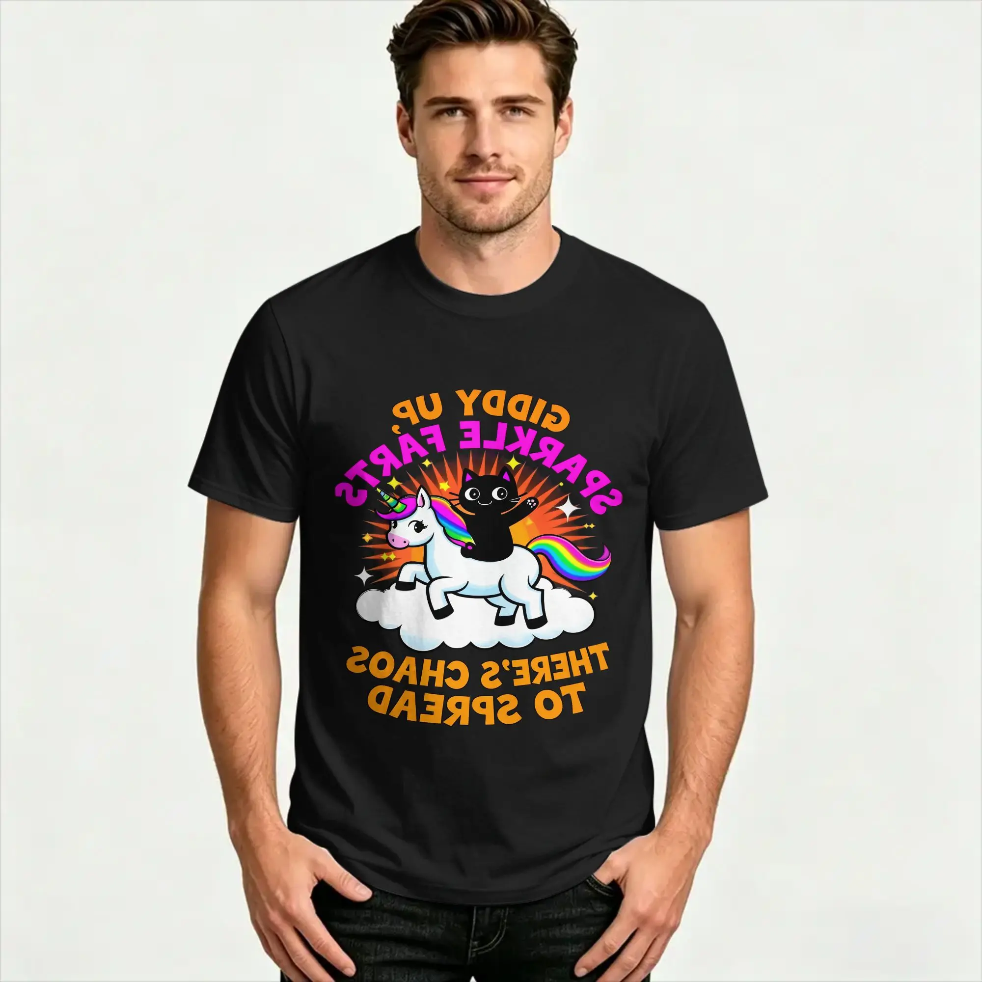 Giddy Up Sparkle Farts Theres Chaos to Spread Cat Unicorn T-Shirt For Couple Custom Logo Tee Shirt Short Sleeves Streetwear Tops