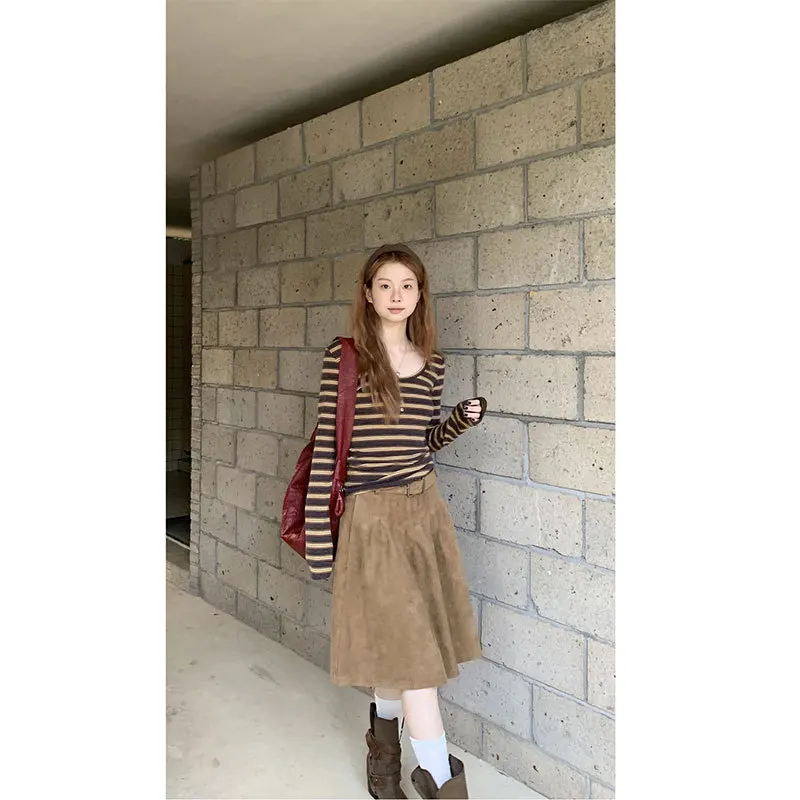 

Футболка с длинным рукавом, женский полосатый топ, оверсайз, с v-образным вырезом, рукавами принцессы, утренний воротник, оригинальная базовая рубашка из кашемировой ткани