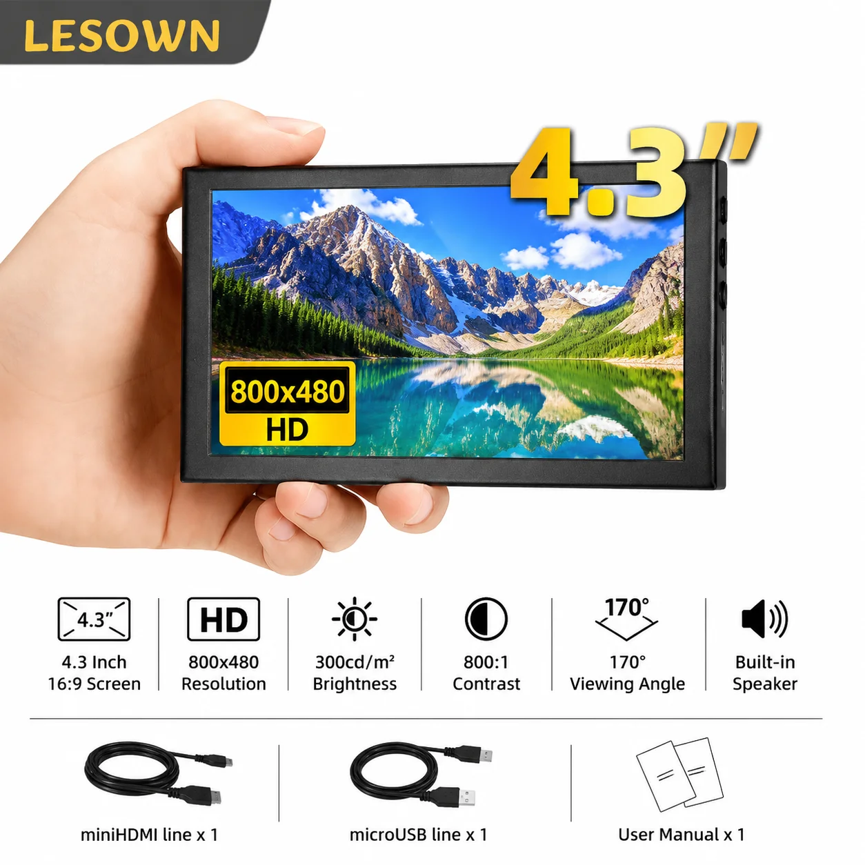 

LESOWN 4.3" Computer Temp Monitor Metal Sub-Screen 800x480 Wide Angle External Display for AIDA64 PC Case Modding
