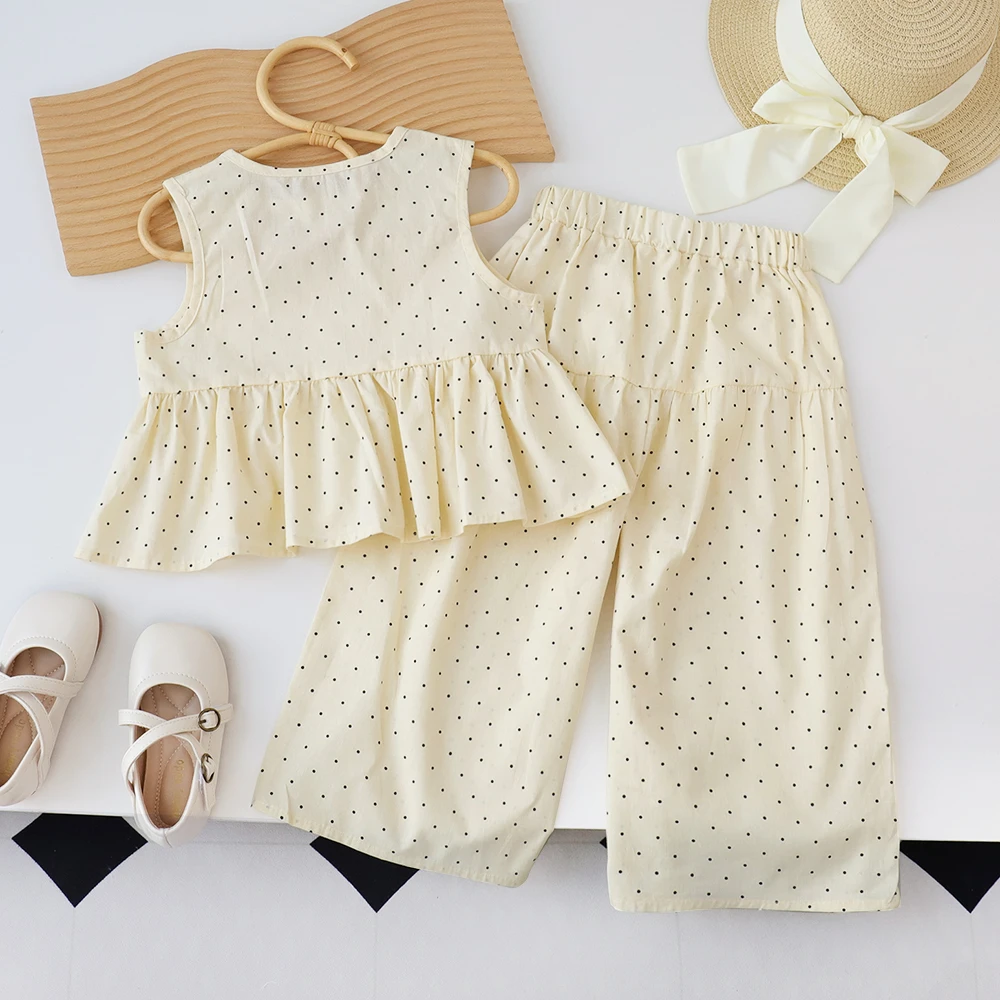 Bear Leader Baby Girl's Casual Clothing Round Neck Sleeveless Polka Dot Top+Wide Leg Pants Set with Bow and Botton 2PCS Set