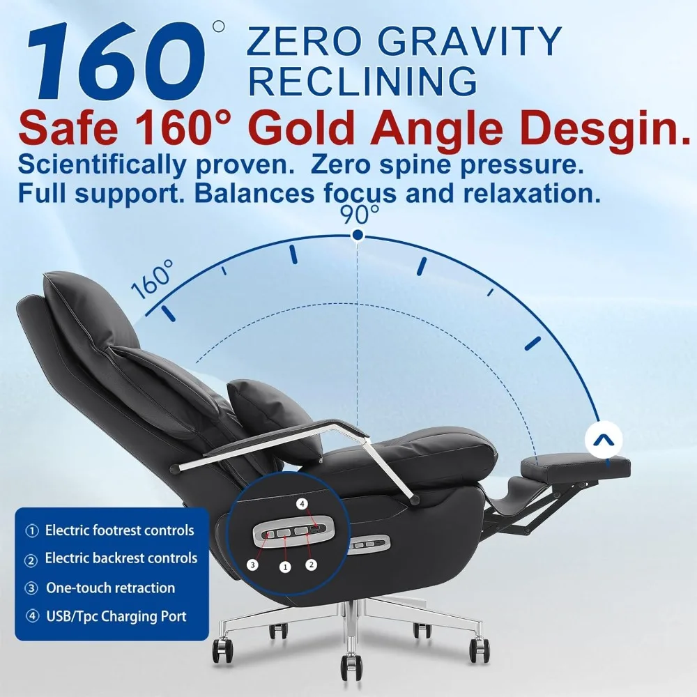 كرسي مكتب منزلي بمحرك مزدوج: 430 رطل كبير وطويل، جلد PU، تدليك، مسند للقدمين، دعم الوسادة