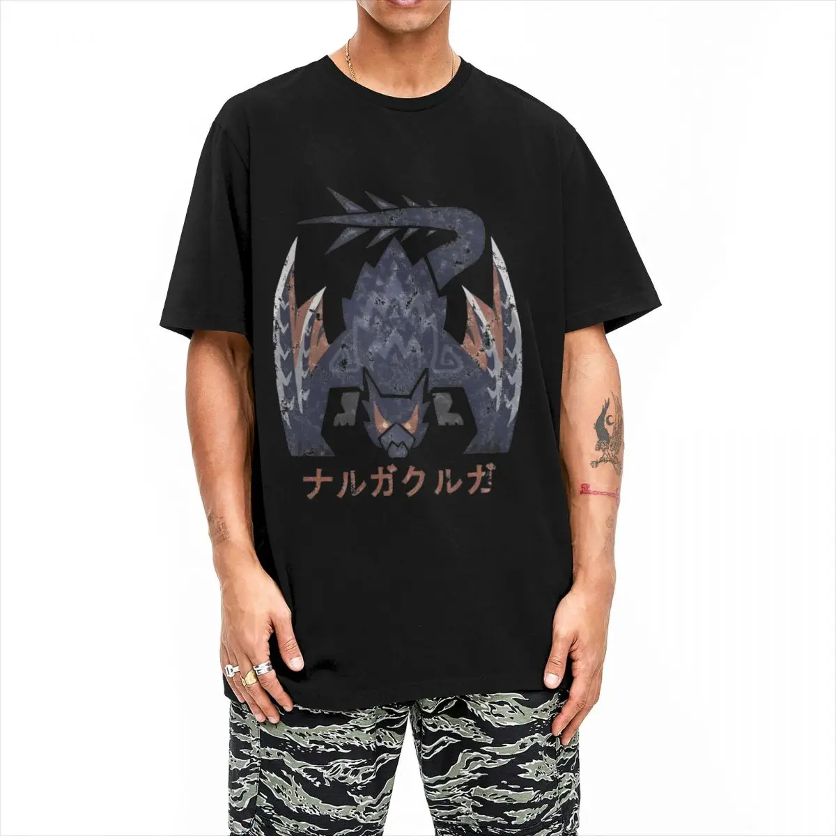 Men's T-Shirt Monster Hunter T-Shirts Harajuku Nargacuga Kanji Icon Summer Tees Y2K Basic Print Cotton Clothing Plus Size