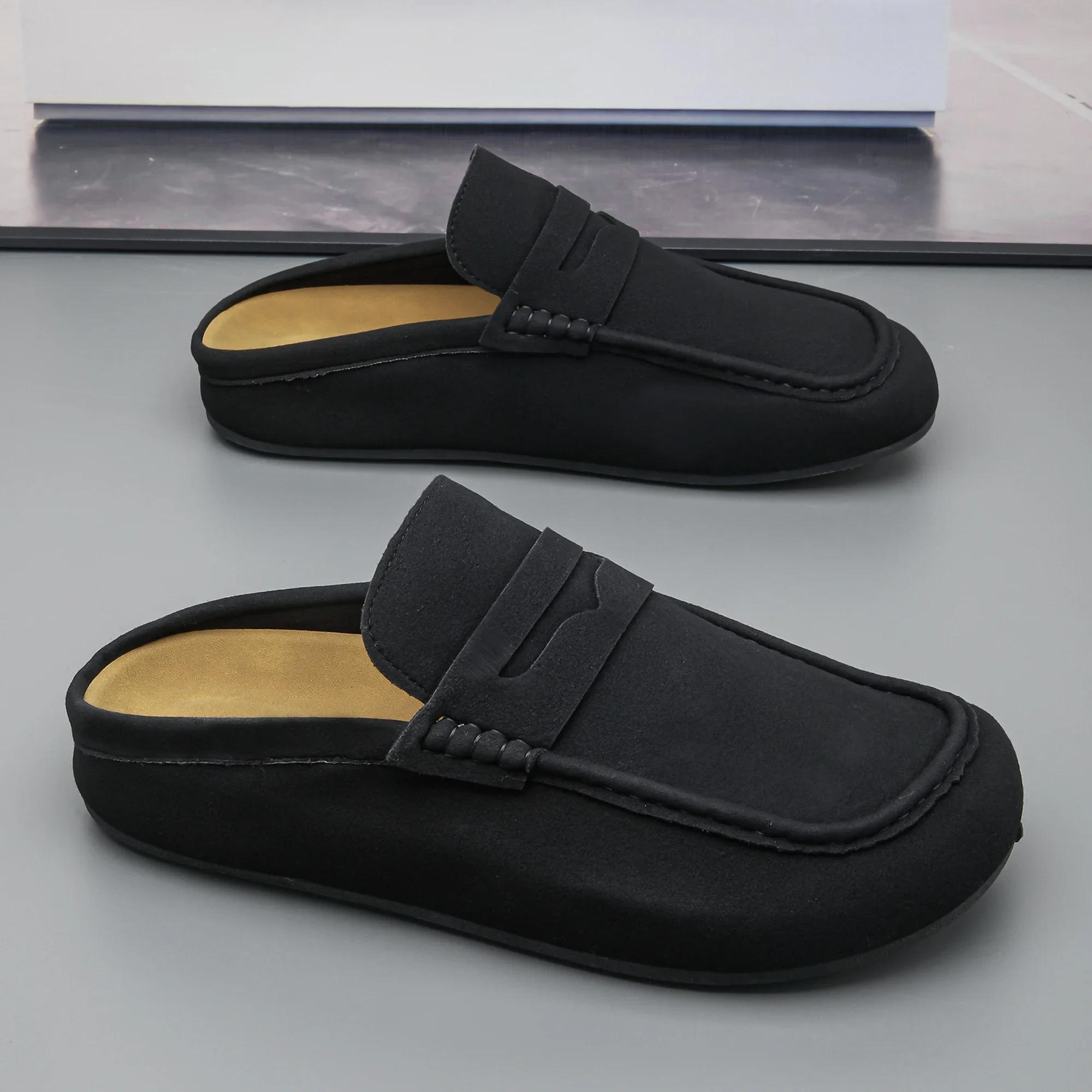 Men's Plus Size Semi Slippers Spring New Fashion Soft Soled Lightweight Casual Shoes British Style Toe Cap Semi Slippers