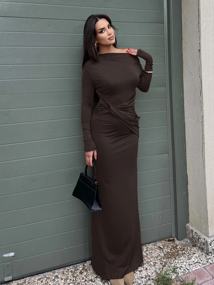 ชุดนอนผู้หญิงฤดูหนาว Marthaqiqi ชุดนอนเซ็กซี่เปิดไหล่ แขนยาว ชุดนอนยาวถึงข้อเท้า แฟชั่นชุดนอนผู้หญิง