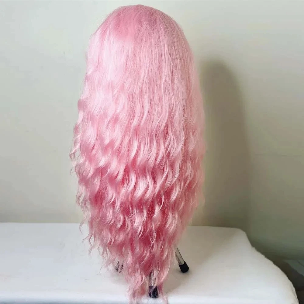 MXWIGS Deep Wave Pink Color Synthetic Lace Front Wigs with Free Part Natural Hairline Long Wavy Wigs Daily Use Wigs