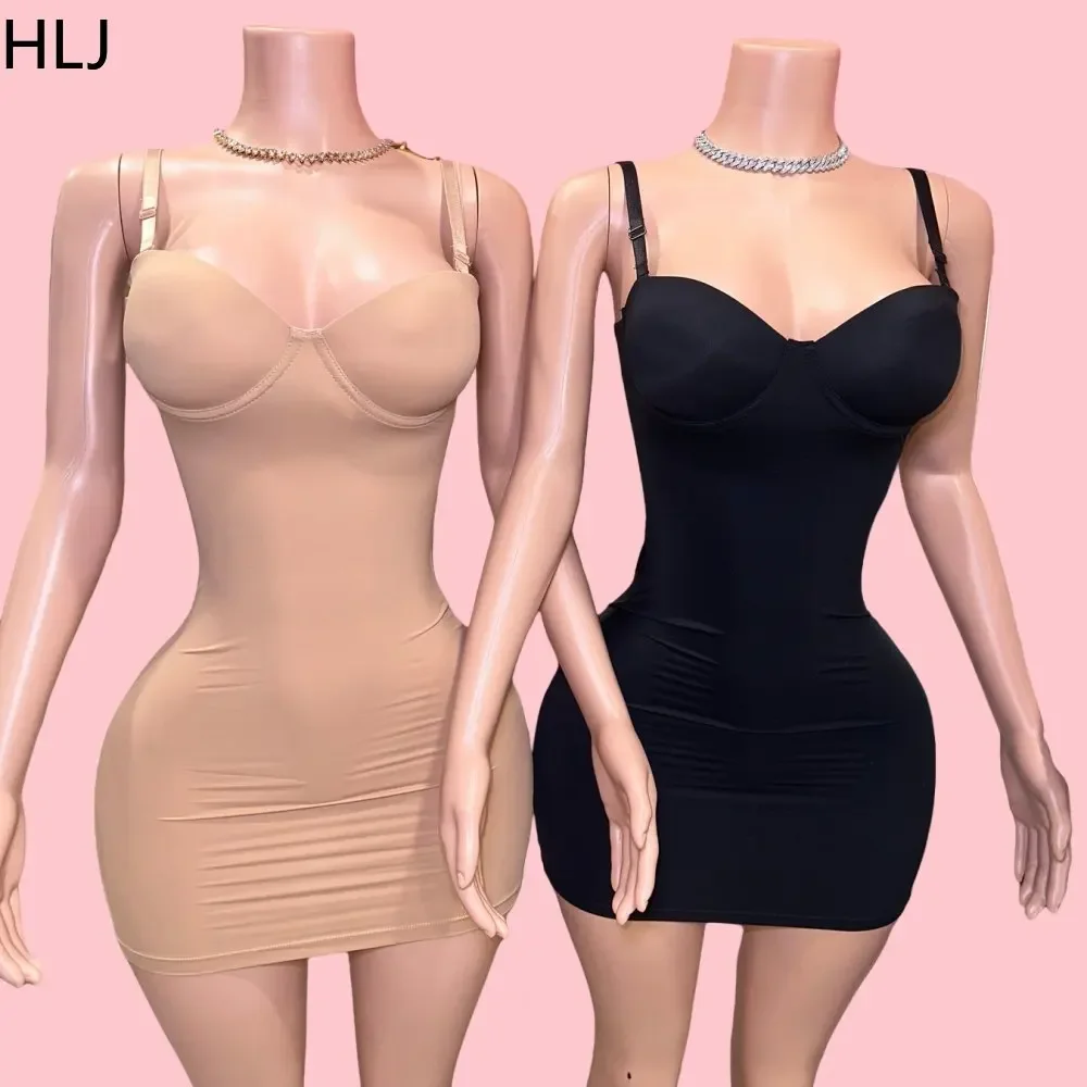 

HLJ Women High Quality Stretchy Bodycon Spaghetti Strap Mini Dresses Women Slim Solid Color Vestidos Sexy Female Clothing 2025